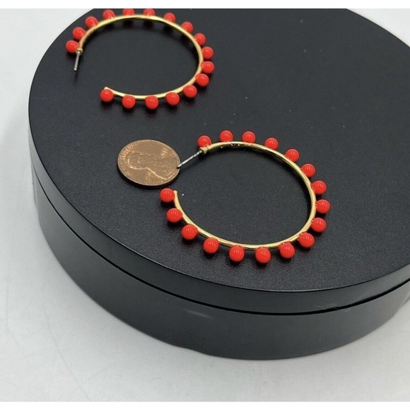 J. Crew Neon Orange Beaded Gold Tone Hoop Earrings - Picture 7 of 13